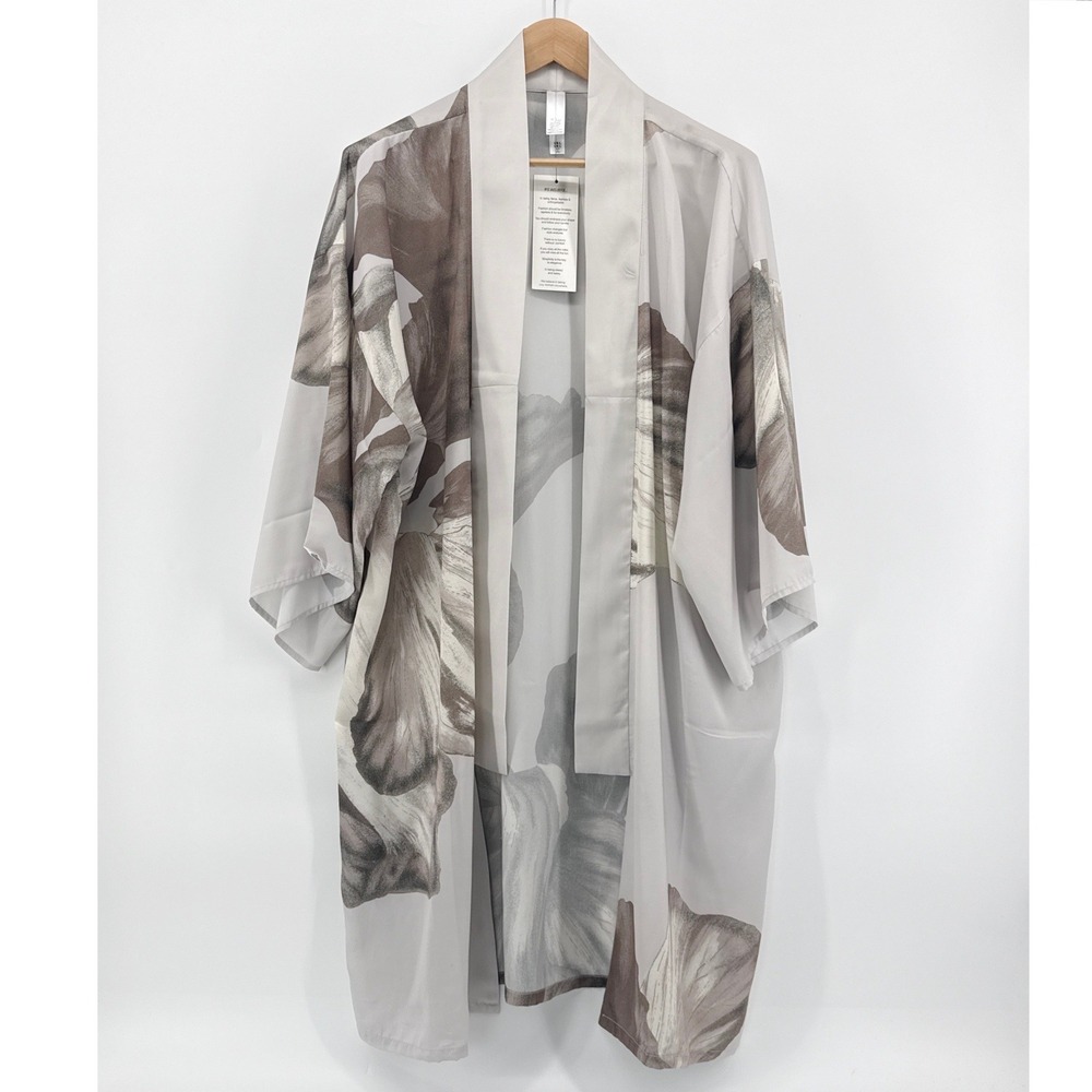 NWT MarlaWynne Kimono Duster Large Black White Brushstroke Floral Open Lagenlook